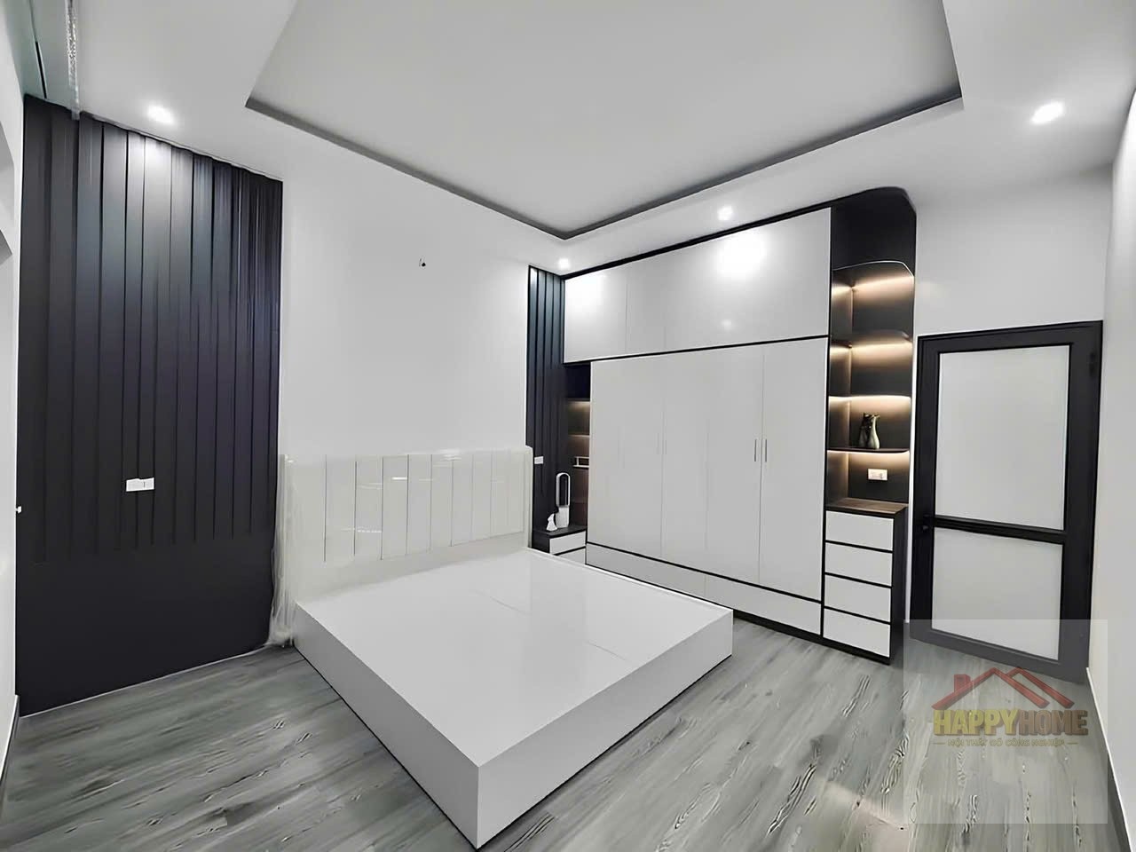 Phòng ngủ đen trắng tủ cong hiện đại