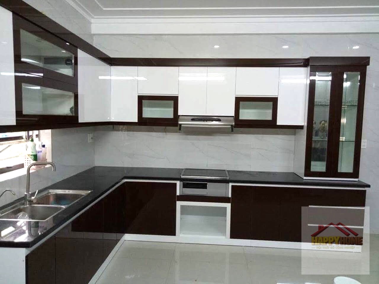 Tủ bếp Acrylic đen đảo bếp đá marble