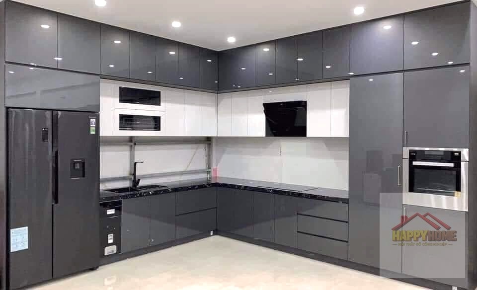 Tủ bếp Acrylic xám đen đảo bếp cao cấp