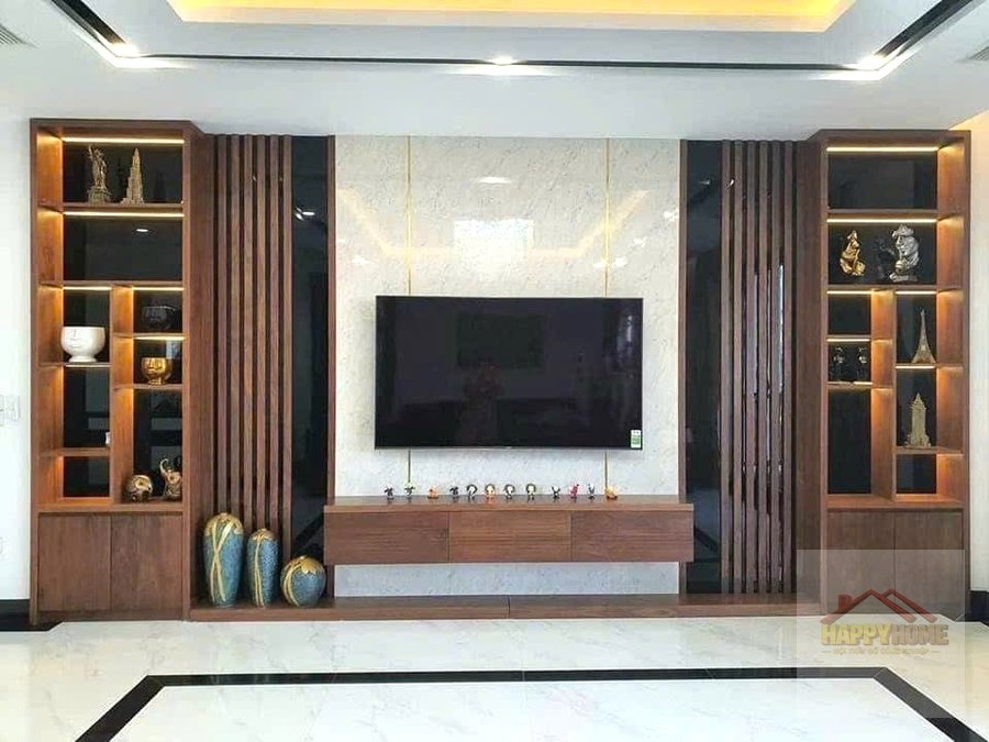 Vách tivi gỗ walnut tranh sơn thuỷ bàn giao – Happy Home