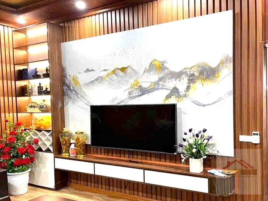 Vách tivi lam sậy gỗ nâu phòng khách gia đình