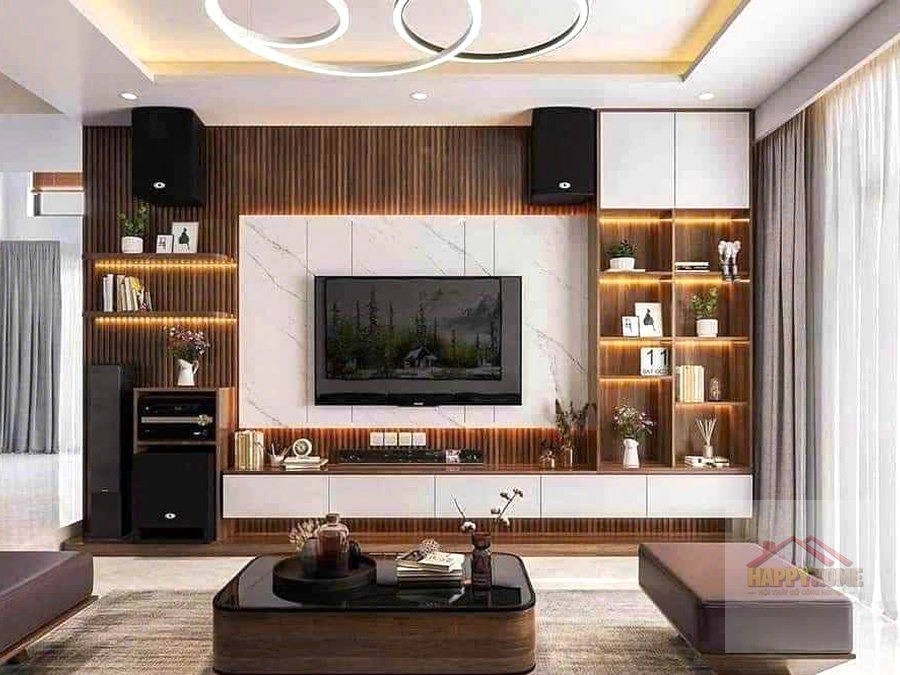 Vách tivi lam sậy nâu đá tranh vàng hồng